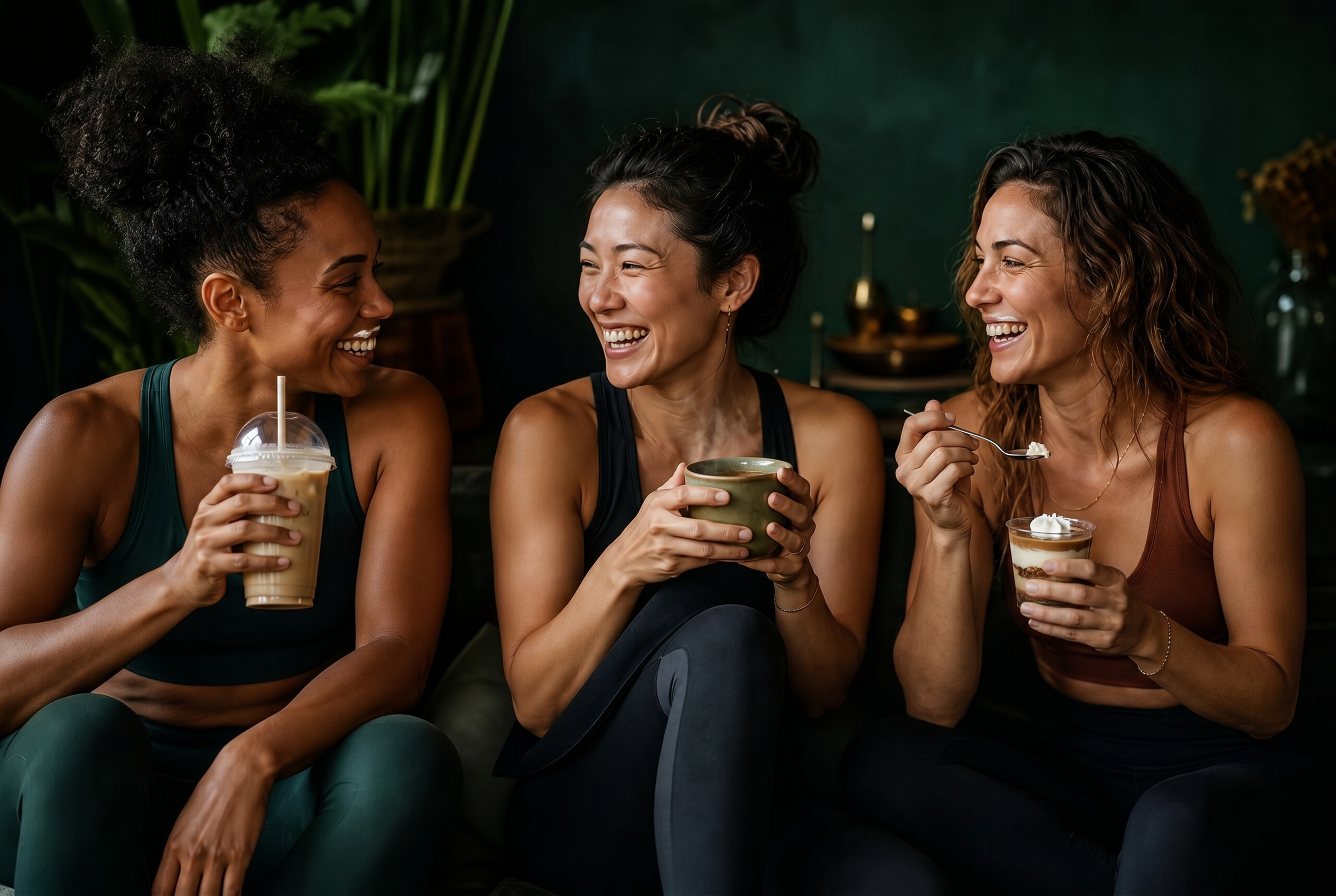 Three women laughing together holding warm ceramic coffee mugs