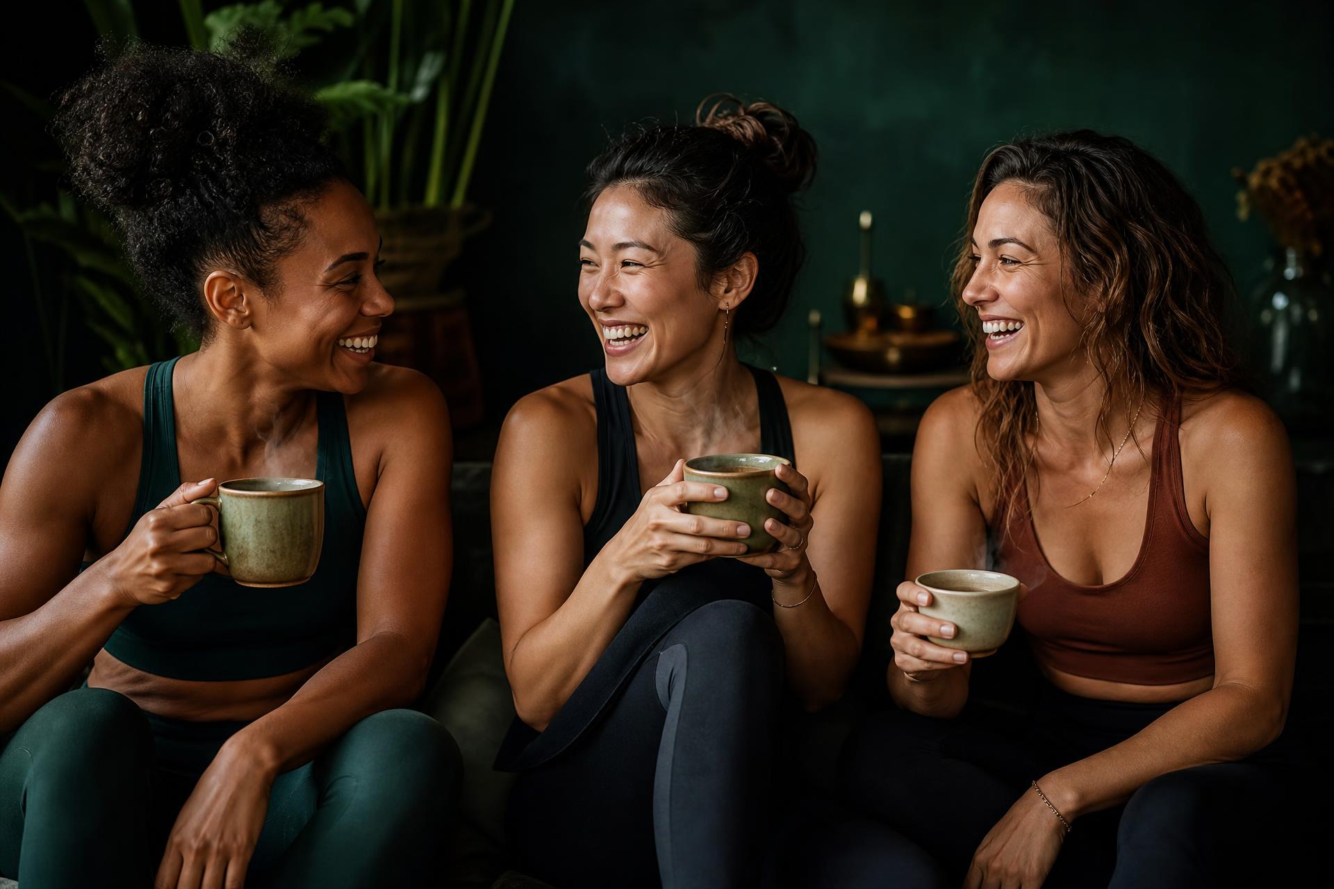 Three women laughing together holding warm ceramic coffee mugs